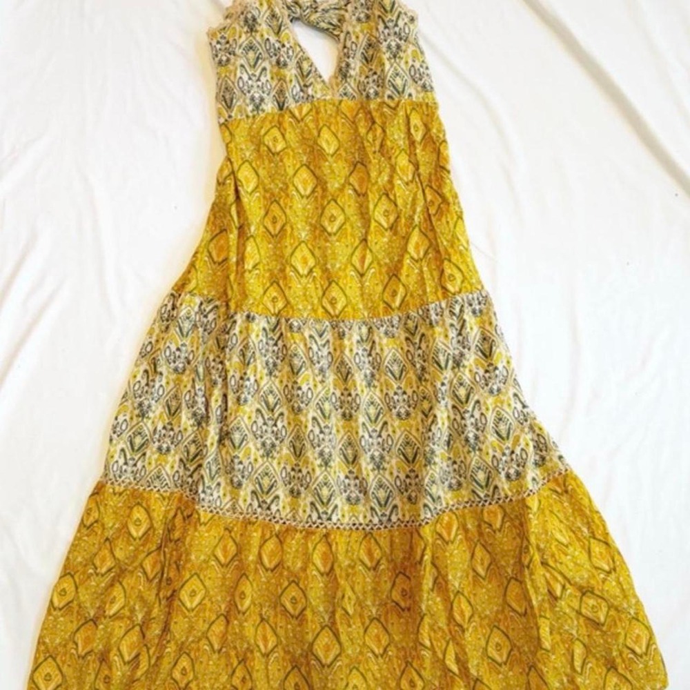 Zara Yellow gray geometric patterned midi dress tie back and adjustable straps M